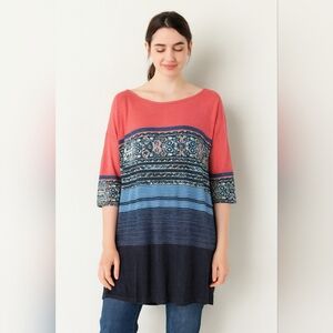 Free People Boho Tunic Dress XS Multicolor Coral Blue Floral Stripe 3/4 Sleeve